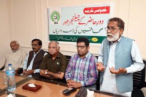 Chief Organizer Sargodha Union of Journalists (Dastoor) and Senior Journalist Zulfiqar Ali Hashmi addressing a seminar titled “Challenges of Modern Era and Journalists’ Responsibilities” organized by the Union of Journalists (Dastoor) at a local hotel.