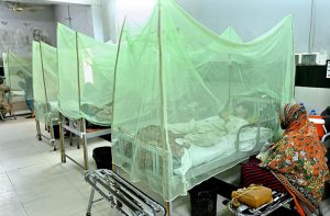 Dengue Patients receive treatment in the dengue ward at Bhitai Hospital as the city faces a sharp rise in dengue cases amid an alarming surge in infections in the city