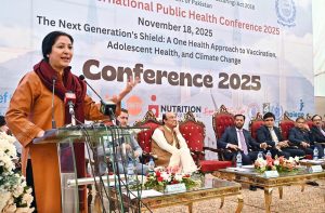 Minister of State for Education and Vocational Training Wajiha Qamar addresses the 15th International Public Health Conference 2025 for the next generation, organized by the Health Services Academy.