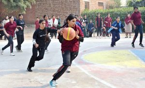 A view of basketball match played between Govt. Junior Model Girls Higher Secondary School Multan and Govt Girls Modal High School Multan teams during Inter school Basketball Tournament 2025-26 at BISE Ground.