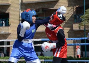 Players in action during the 4th HEC All Pakistan Intervarsity Women Boxing Championship 2025–26 at The University of Faisalabad (TUF)