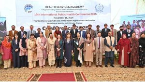 Minister of State for Education and Vocational Training Wajiha Qamar addresses the 15th International Public Health Conference 2025 for the next generation, organized by the Health Services Academy.