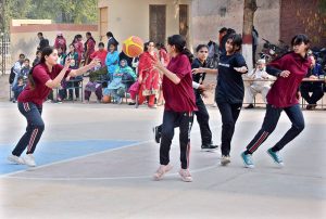 A view of basketball match played between Govt. Junior Model Girls Higher Secondary School Multan and Govt Girls Modal High School Multan teams during Inter school Basketball Tournament 2025-26 at BISE Ground.