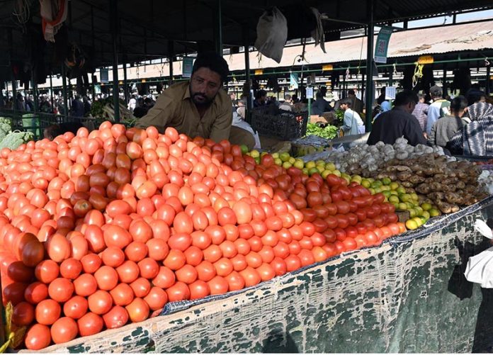 A vendor selling fresh vegatables at weekly Sunday bazar Aabpara in the Federal Capital