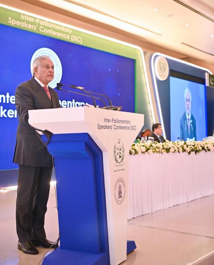 Deputy Prime Minister and Foreign Minister, Senator Mohammad Ishaq Dar addresses the opening session of the 2nd day of the Inter-Parliamentary Speakers’ Conference