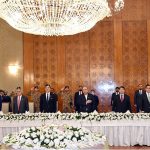 President Asif Ali Zardari, Chairman Senate Syed Yousuf Raza Gilani, Speaker National Assembly Sardar Ayaz Sadiq, Deputy Prime Minister and Foreign Minister Senator Ishaq Dar and delegates of the Inter-Parliamentary Speakers Conference at a dinner at Aiwan-e-Sadr