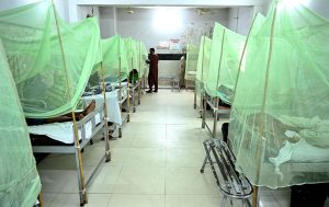 Dengue Patients receive treatment in the dengue ward at Bhitai Hospital as the city faces a sharp rise in dengue cases amid an alarming surge in infections in the city