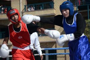 Players in action during the 4th HEC All Pakistan Intervarsity Women Boxing Championship 2025–26 at The University of Faisalabad (TUF)