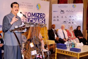 Acting President/Chairman Senate, Syed Yousaf Raza Gillani addressing a customized wheelchair distribution ceremony jointly organized by the Church of Jesus Christ of Latter day Saints and Society for Special Persons