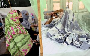 Dengue Patients receive treatment in the dengue ward at Bhitai Hospital as the city faces a sharp rise in dengue cases amid an alarming surge in infections in the city