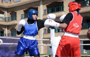 Players in action during the 4th HEC All Pakistan Intervarsity Women Boxing Championship 2025–26 at The University of Faisalabad (TUF)