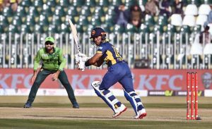 Sri Lanka batter Pathum Nissanka plays a shot during the 3rd One Day International cricket match between Pakistan and Sri Lanka at Rawalpindi Cricket Stadium.