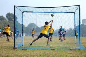 A view of basketball match played between Govt. Junior Model Girls Higher Secondary School Multan and Govt Girls Modal High School Multan teams during Inter school Basketball Tournament 2025-26 at BISE Ground.