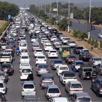 A view of massive traffic jam on Islamabad Expressway near Faizabad