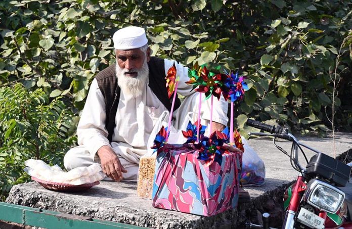 An elderly vendor sits roadside displaying colorful pinwheels and snacks for sale in the Federal Capital