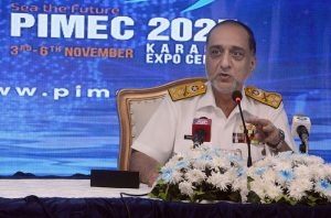 Commander Karachi Vice Admiral Muhammad Faisal Abbasi briefing the media persons about the Pakistan International Maritime Expo and Conference 2025, commencing from November 3 to 6, at Expo Centre.