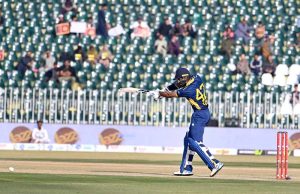 Sri Lanka batter Pathum Nissanka plays a shot during the 3rd One Day International cricket match between Pakistan and Sri Lanka at Rawalpindi Cricket Stadium.