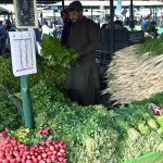 A vendor displays fresh vegetables at his stall to attract customers at the G-9 weekly bazaar in the Federal Capital