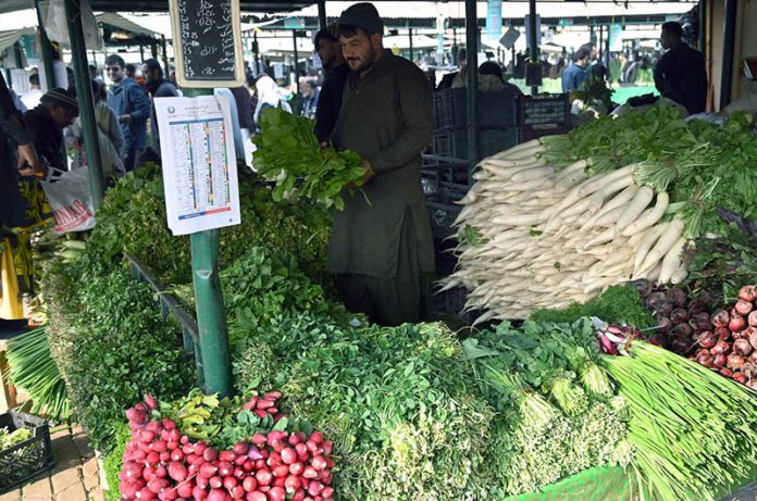 A vendor displays fresh vegetables at his stall to attract customers at the G-9 weekly bazaar in the Federal Capital