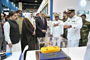 Federal Minister for Planning, Development and Special Initiatives, Ahsan Iqbal along with others visiting after inauguration ceremony of Pakistan International Maritime Expo & Conference PIMEC-2025 at Expo Centre