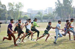 Students participate in the marathon race during the Annual Inter-School Sports Gala 2025 at Saleemi Chowk Al-Fatah Sports Complex, organized by the District Education Authority in collaboration with the Sports Department Faisalabad.