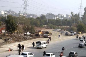 A view of the ongoing expansion work on the Faizabad Interchange in the Federal Capital