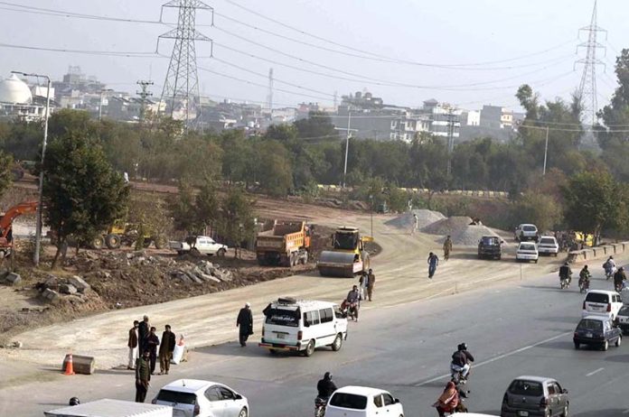 A view of the ongoing expansion work on the Faizabad Interchange in the Federal Capital