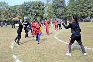 A view of Handball match played between Government girls Comprehensive Higher Secondary School and Govt. Junior Modal Girls High School teams during Inter school Handball Tournament 2025-26 at BISE Ground.