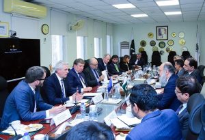 Federal Minister for Commerce Jam Kamal Khan meets with Mr. Sergio Balibrea, Head of the EU GSP+ Monitoring Mission, and EU Ambassador to Pakistan Raimundas Karoblis to discuss Pakistan–EU trade cooperation under the GSP+ framework.