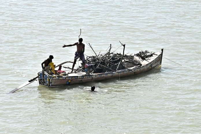 A view of fisherman busy in collecting and loaded woods on the boat at Indus River