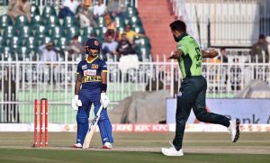 Sri Lanka batter Pathum Nissanka plays a shot during the 3rd One Day International cricket match between Pakistan and Sri Lanka at Rawalpindi Cricket Stadium.