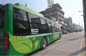 Passengers disembark from Rawalpindi's newly launched first electric bus service, inaugurated by Chief Minister Maryam Nawaz, marking a major step toward eco-friendly modern, and affordable transport for residents of the twin cities
