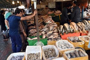 People purchase fresh fish at the G-9 weekly bazaar in the Federal Capital