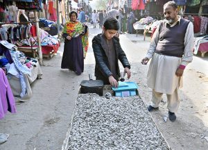 A young vendor sells sunflower seeds at the I-9/4 weekly bazaar in the Federal Capital.