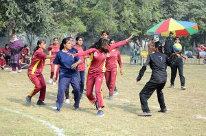 A view of Handball match played between Government girls Comprehensive Higher Secondary School and Govt. Junior Modal Girls High School teams during Inter school Handball Tournament 2025-26 at BISE Ground.