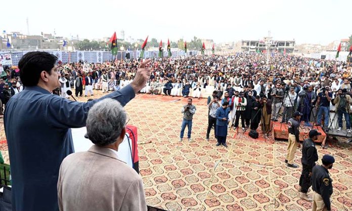 Chief Minister Sindh, Syed Murad Ali Shah addressing the gathering on the 58th Foundation Day of the Pakistan People's Party at Municipal Stadium