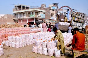 Labourers are busy unloading bags of tomatoes from delivery trucks at vegetable market.