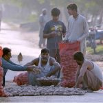 Vendors busy sorting and packing good quality potatoes into sacks to sell in the wholesale market
