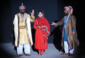 Artists perform in the stage play “Jeay Latif” late Sunday night, presented by the Culture Department of Sindh in collaboration with the Arts Council of Pakistan, Larkana, at the Arts Council.