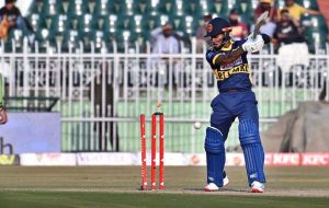 Sri Lanka batter Pathum Nissanka plays a shot during the 3rd One Day International cricket match between Pakistan and Sri Lanka at Rawalpindi Cricket Stadium.