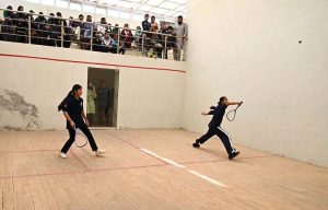 Players in action during Inter-Collegiate Women Squash Tournament organized by Education Board Sargodha at Squash Complex