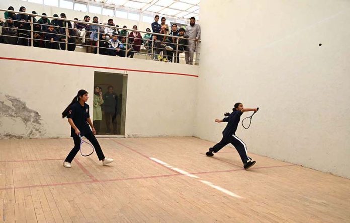Players in action during Inter-Collegiate Women Squash Tournament organized by Education Board Sargodha at Squash Complex