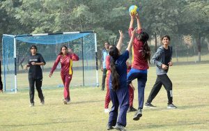 A view of Handball match played between Government girls Comprehensive Higher Secondary School and Govt. Junior Modal Girls High School teams during Inter school Handball Tournament 2025-26 at BISE Ground.
