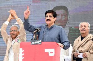Chief Minister Sindh, Syed Murad Ali Shah addressing the gathering on the 58th Foundation Day of the Pakistan People's Party at Municipal Stadium