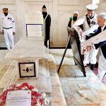 Federal Minister for National Food Security and Research Rana Tanveer Hussain laying floral wreaths during change of guard ceremony to pay homage to the National Poet Allama Muhammad Iqbal on his 148th birthday anniversary at Mazar-e-Iqbal