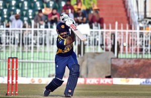 Sri Lanka batter Pathum Nissanka plays a shot during the 3rd One Day International cricket match between Pakistan and Sri Lanka at Rawalpindi Cricket Stadium.