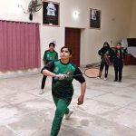Players in action during an inter-collegiate badminton tournament organized by the Sports Board of the Education Board at Government Degree College for Women