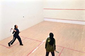 Players in action during Inter-Collegiate Women Squash Tournament organized by Education Board Sargodha at Squash Complex