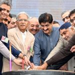 Chief Minister Sindh Syed Murad Ali Shah cuts the cake with others on the occasion of the 58th Foundation Day of the Pakistan People’s Party at Municipal Stadium