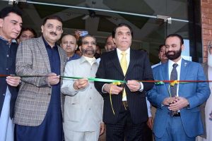 Federal Minister for Railways Hanif Abbasi talks to media after inaugurating upgraded facilities at Faisalabad Railway Station.